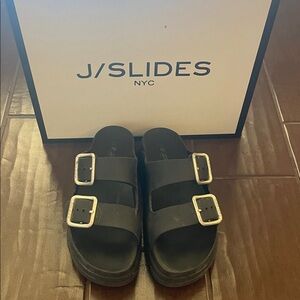 J/SLIDES Double Platform Buckle Black Sandals